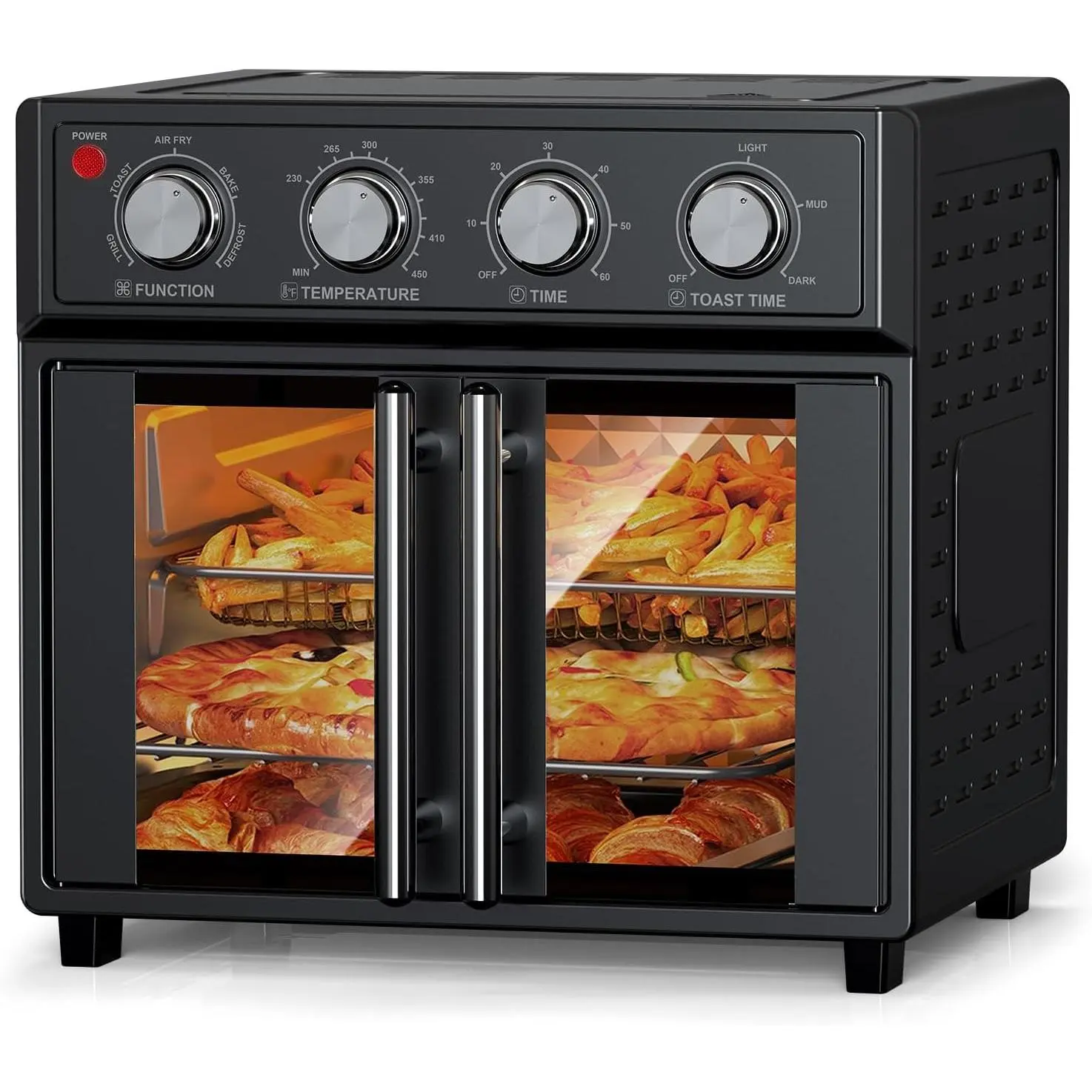 PlumChef 29.5QT Large Capacity French Double-Door Air Fryer Convection Toaster Oven - 1700W, 7 Preset Menus, 7-in-1 Cook Functions (Bake, Roast, Grill, Toast, Dehydrate, Defrost), Timer, Stainless Steel, Black, Family Meals, Interior Light, French Doors