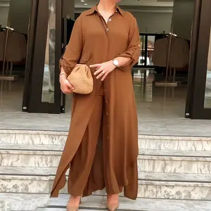 ChicMe 2 Pieces Outfit Turn-down Collar Long Sleeve Longline Blouse with Pockets and Casual Elastic Waist Wide Leg Pants Set