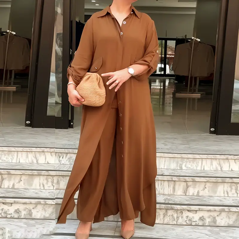 CHICME Women's Lady 2-Piece Casual Chic Clothes Set - 100% Polyester Regular Fit Long-Sleeve Turn-Down Collar Longline Shirt with Pockets, Elastic Waist Wide Leg Casual Pants for Daily Wear, Fabric, Women's Clothes, Wrinkle Resistant, Blouse, Longsleeves,
