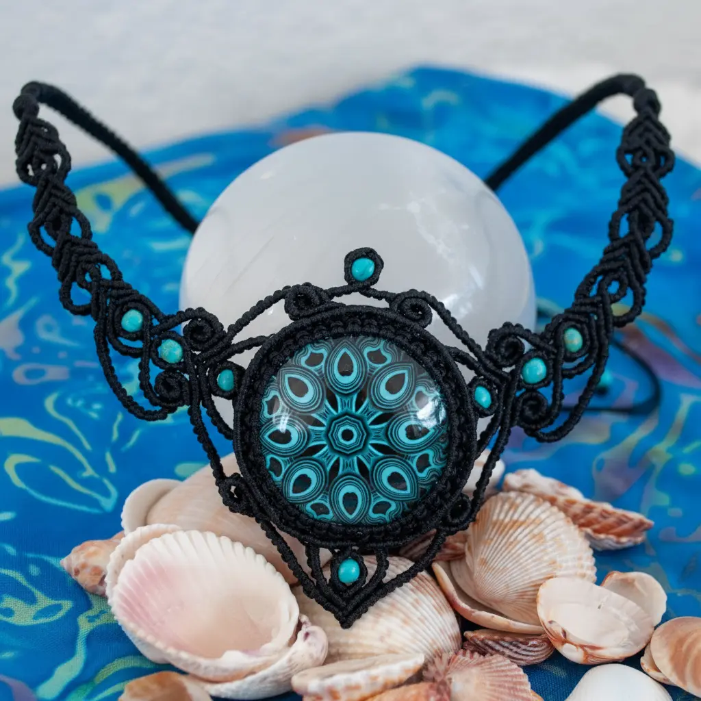 Teal Glass Mandala Macrame Necklace