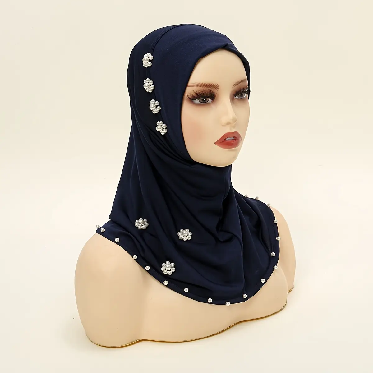 Elegant Polyester Hijab with Floral Bead Embellishments, Breathable, Fitted, Stretchable, Yarn-Dyed Headscarf, with Sunscreen, for Versatile Occasion