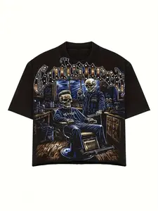 Men's & Women's 180gsm 100% Cotton T-Shirt with Skeleton Haircut Graphic Print - Soft Breathable Round Neck Short Sleeve Tee for Gym, Casual Wear, Training - All-Season Unisex Top