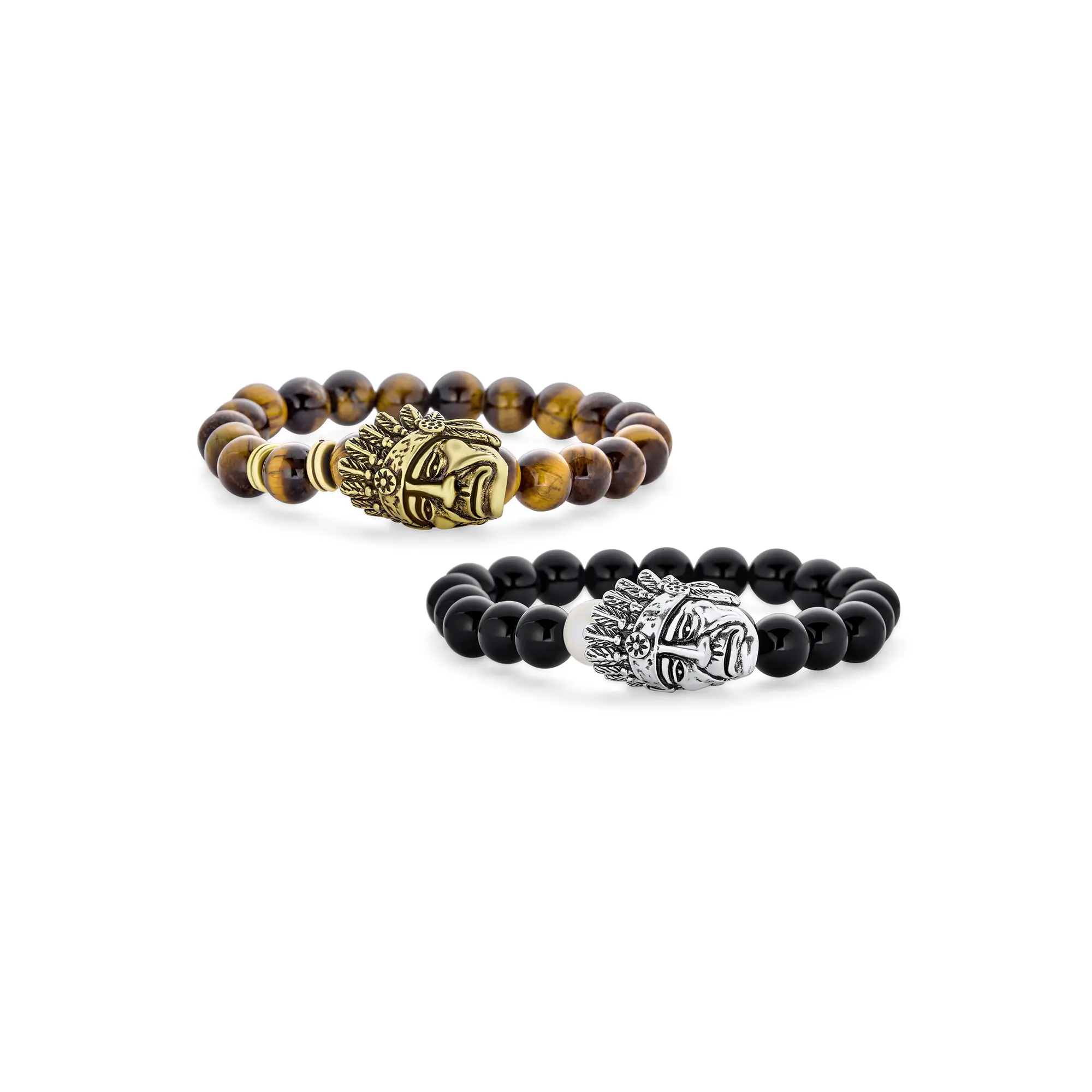 Indian Chief Black Onyx Brown Tiger Eye Bead Strand Stretch Bracelet Set-2