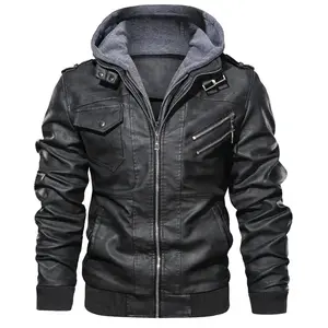 Men's Faux Leather Jacket Stand Up Collar Motorcycle Bomber Jacket with Hood