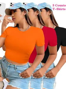 Women's Summer Solid Round Neck Crop Fit Tee, Casual Short Sleeve Crew Neck Basic T-shirt for Daily Wear, Ladies Clothes Womenswear for All Seasons, Top