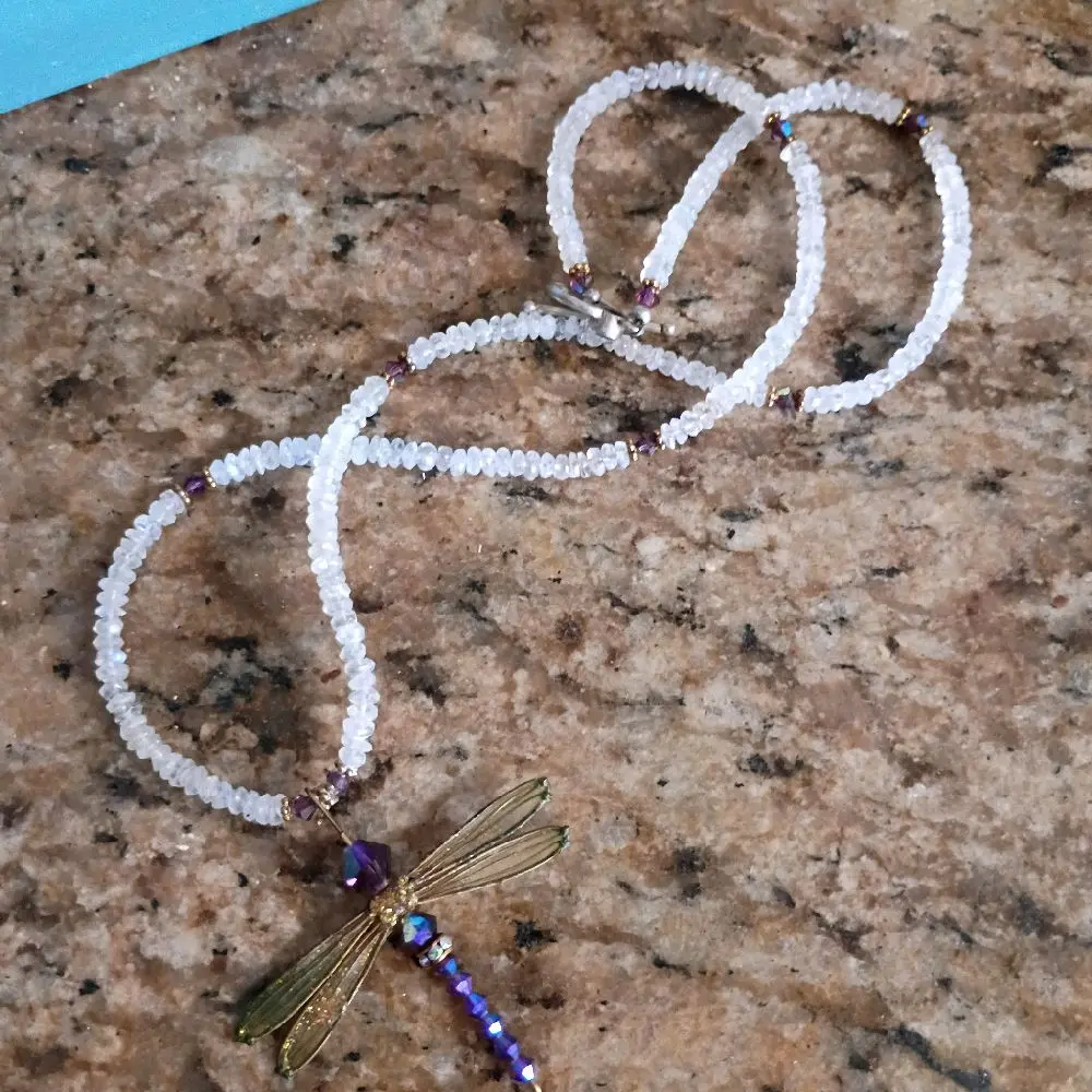 Celestial Dragonfly AAAA Rainbow Moonstone Necklace