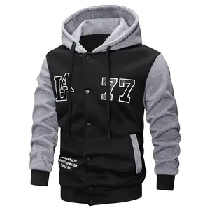 Men's "LA77" Letter Print Hooded Jacket - Button Closure, Vintage Streetwear, Suitable for Casual & Sporty Styles