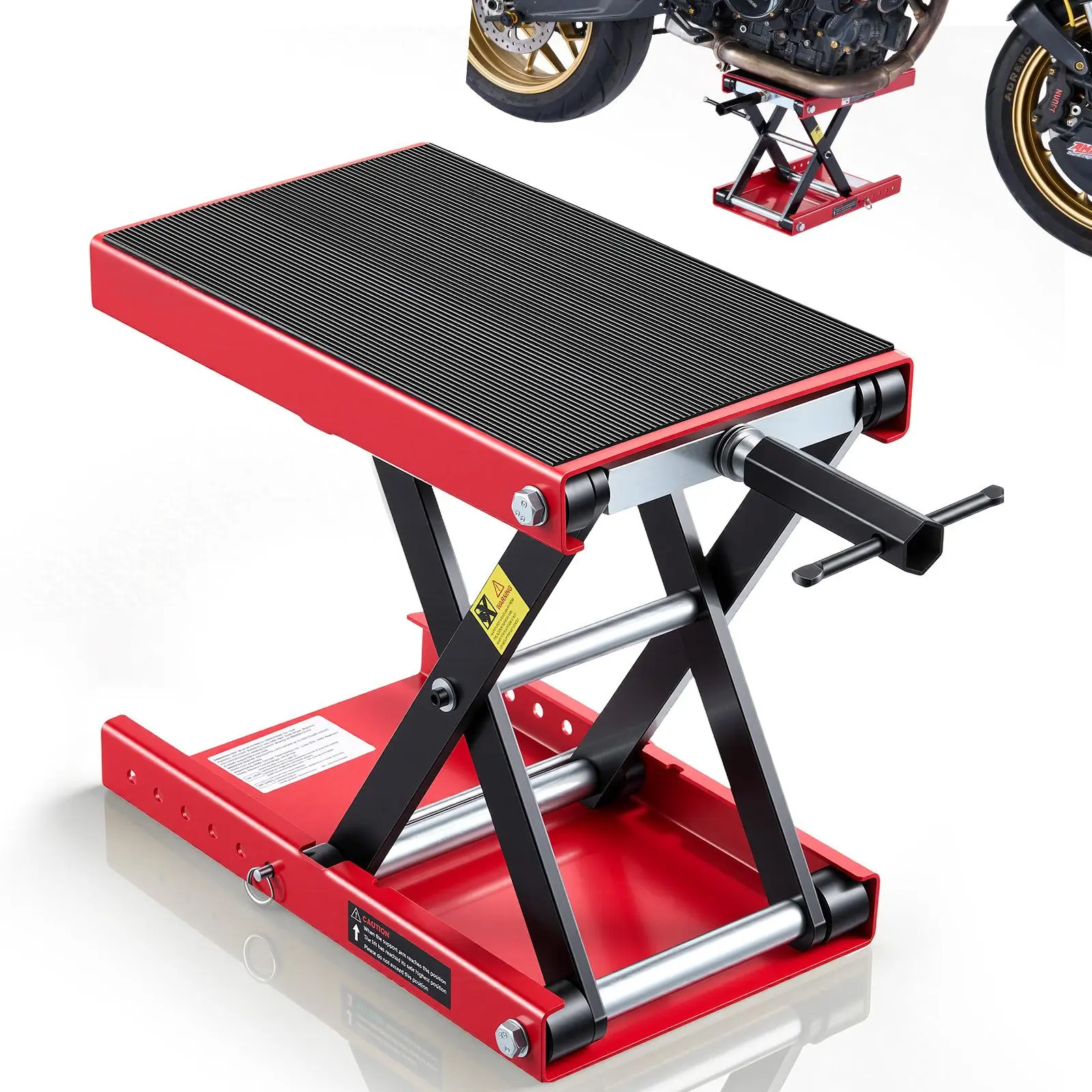 VEVOR Heavy Duty Reinforced Scissor Structure Motorcycle Jack, 1100 lbs Capacity, 3.74"-13.38" Adjustable Height Center Hoist, Wide Deck, Locking Pin, 22 mm Hex Socket Wrench for Cruisers, Street Bikes (Ideal for Cleaning), Height Adjust