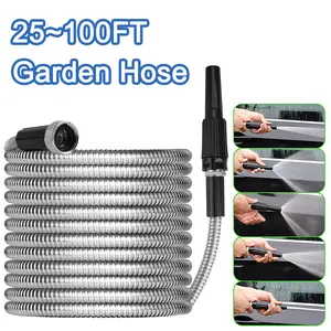 25FT~100FT Metal Garden Hose with Nozzle, Heavy Duty Stainless Steel Water Hose Lightweight, Tangle Free  Kink Free, Heavy Duty, High Pressure, Flexible, Dog Proof