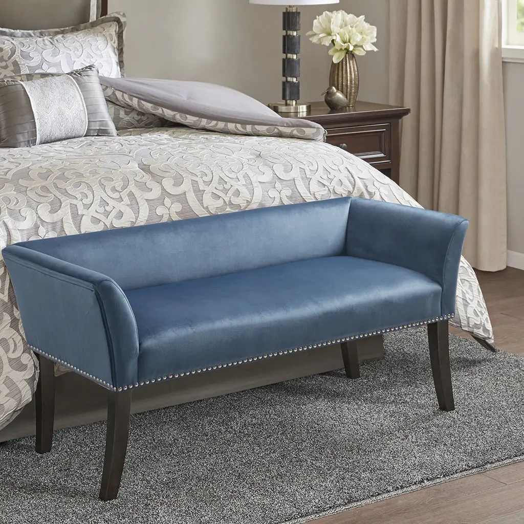 Blue Upholstered Storage Bench with Shelf and Wood Legs, Compact Entryway Seating for Living Room, Bedroom, Hallway – Modern Fabric Ottoman, Home Furniture Decor