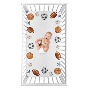 Sweet Jojo Designs Fitted Baby Crib Sheets (Vintage Sports Theme) for Boys, Infant Nursery, Toddler Room - Standard Size (Photo Op, Sport Themed, Soccer Balls, Football, Baseball, Basketball, Stars)