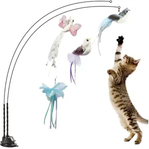 Dual Suction Long Feather Cat Toy Stick, Handheld or Floor Mountable, Interactive Bird Design, Self-Play & Bonding Pet Accessory