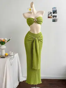 Women's Knitted Shell Metal Crop Top and High-Waisted Long Skirt Set, Perfect for Beach Vacation, Dates, Music Festivals, Chic Elegant Bohemian Aesthetic Style