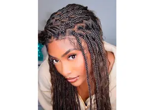 JALIZA  34" 88 Strands Full lace Knotless Boho Box braids wig | Synthetic Braids with 100% Human Hair Curls | Precut Transparent Lace | No Tangles | Black Women Wigs | Ombre Brown