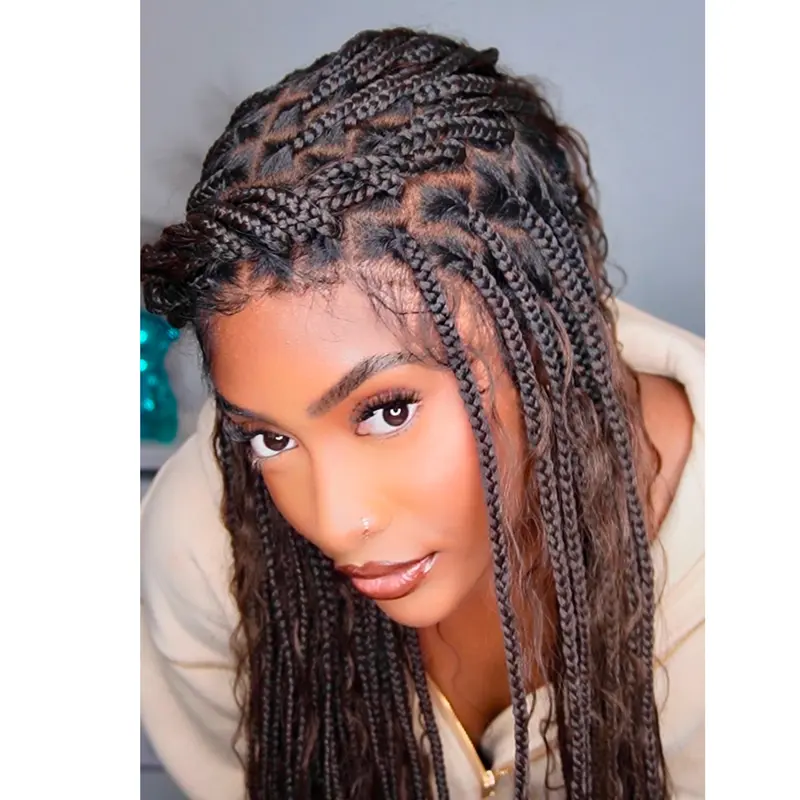 JALIZA Female 34" Boho Box Braided Wig - Synthetic Curly Full Lace Knotless, 88-Strand Precut Transparent Lace, Tangles-Free Dark Chocolate Brown Ombre, 100% Human Hair Curls, Perfect for Daily Use, Synthetic Curly Wigs