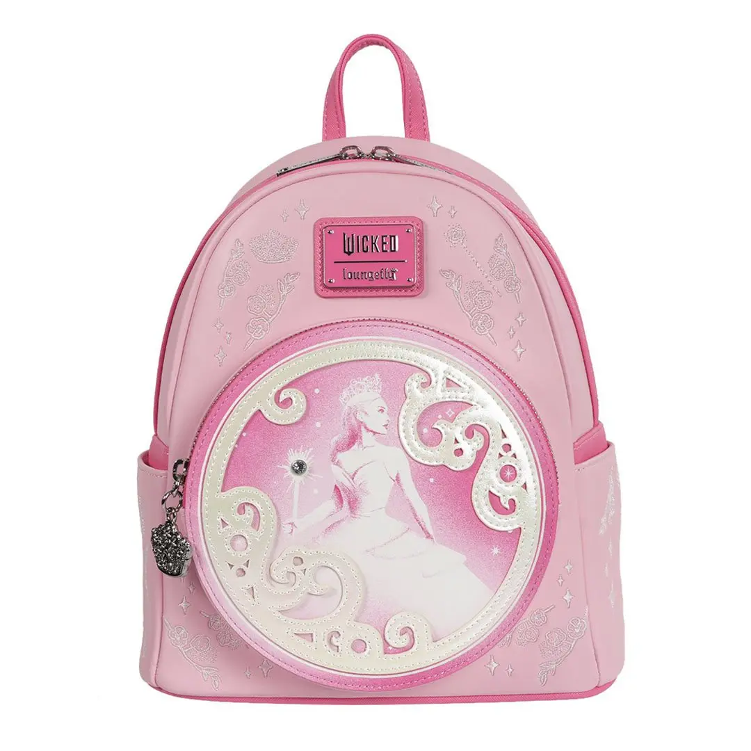 Loungefly Glinda Inspired Wicked Film Tie-in Mini Backpack - Faux Leather, Rhinestone, Bubble Swirls, Enamel Zip Charm, Crown Embroidery, Zip Closure, 8.5" L x 10" H x 6" D, Entertainment Earth Exclusive Release, Oz-tacular Collectible, Compact