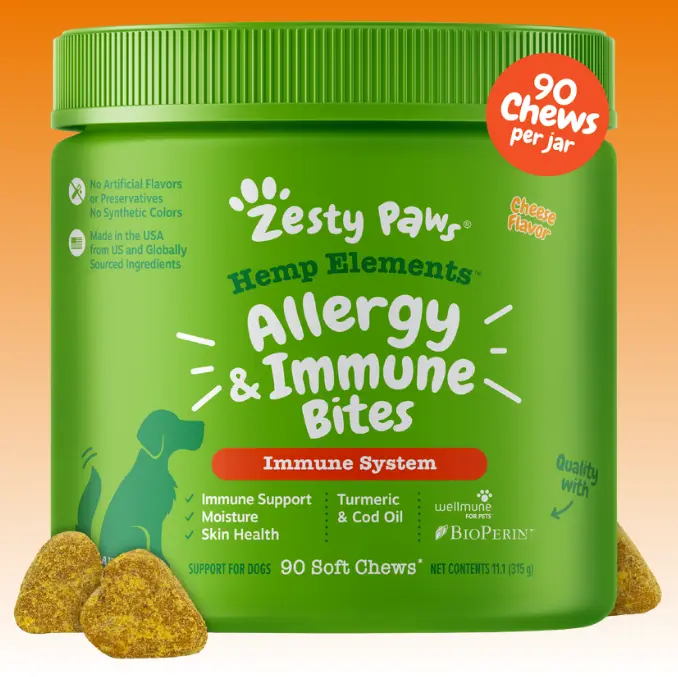Zesty Paws Hemp Elements Aller-Immune Bites™, Soft Dog Treats with Turmeric, Beta Glucan, Cod Liver Oil, Ginger Root for Immune Support