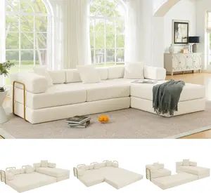 108" Oversized Convertible Sleeper Sofa Bed, Corduroy L Shape Sectional Couch, Folding Sofa Bed with Fixed-Shape Frame, Modern Cloud Floor Mattress Couch, Modular Sofa for Living Room, Beige
