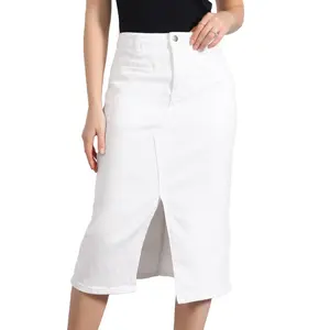 INSPIRE CHIC Women's Midi High Waist Slit Front with Pockets Jean Skirts White Medium