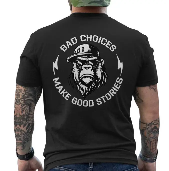 Men's T-shirt with 'Bad Choices' Chimpanzee Graphic, Casual Lightweight Pull On Short-Sleeve Design for Daily Wear, Easy Care, Reinforced Stitch, Breathable Fabric, Classic Round, Soft Cotton