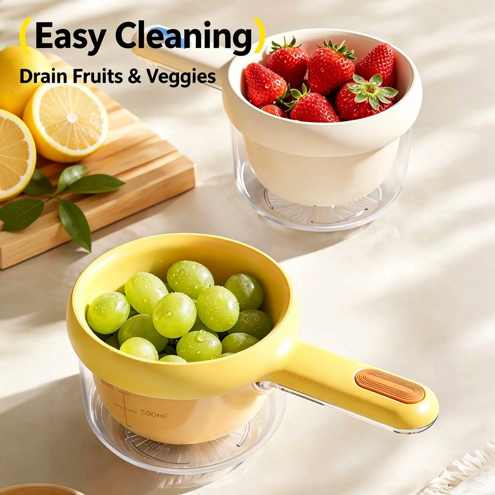 Kitchen Dual Layer Drainer and Fruit Washing Container with Hidden Utensil,Fruits and Vegetables Spinner Strainer with Handle