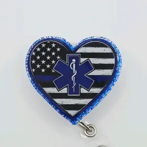 Star of Life Flag Heart for EMS- Paramedics Acrylic Retractable Badge ID Reel Belt or Alligator Clip