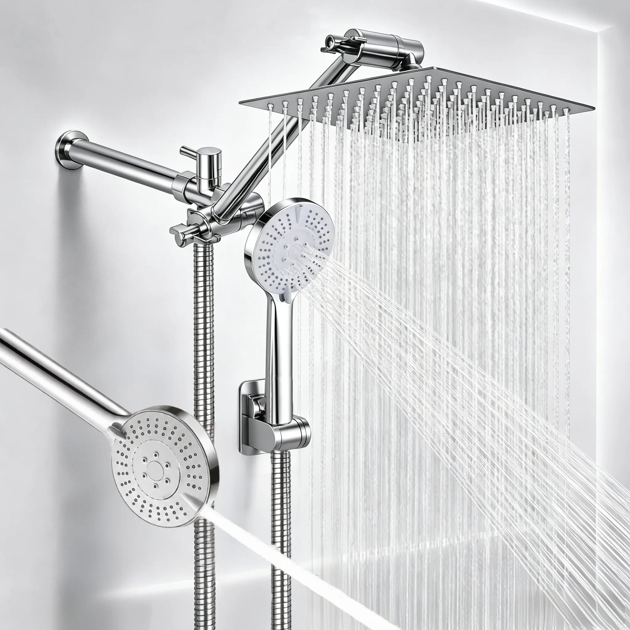 8-in High-Output Hand+Rain 2-in-1 Shower System Combo Set, 11-in Extension Arm, 3-Way Diverter, Leak-Proof Pressure Head, 7-Speed Flow, Bracket, Hose, Ideal for Low Water Pressure Homes & Household Users, Bathroom Shower Equipment
