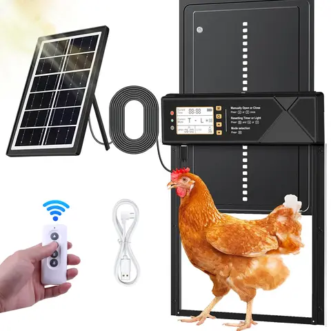 Solar-Powered Automatic Chicken Coop Door for Cages - Extra Large, 4 Modes, Timer, Light Sensor, USB-C Charge, Anti-Pinch Tech, Alert, Remote Control, LED Screen, Weatherproof Aluminum Alloy, Fits Chickens/Ducks/Geese, Built-In 2000mAh Battery