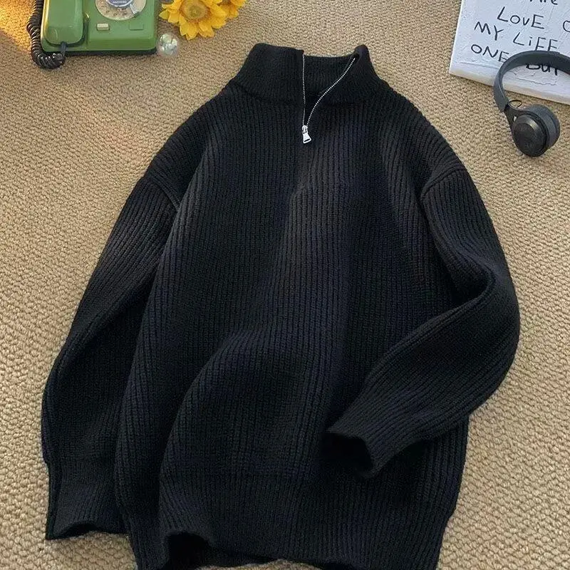 Men's Half Zip Sweater Thickened Knit Pullover Retro Solid Color Fall Winter Comfortable Cozy Casual Top Warm Fashion Crewneck Beige