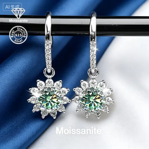 1 Pair 925 Sterling Silver Moissanite Sunflower Drop Earrings, 1CT+1CT Sparkling VVS1 Diamond Alternative, Luxury Bridal Wedding Earrings, Perfect Valentine's & Birthday Gift for Women