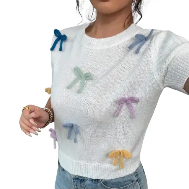 Women's Bow Decor Short-Sleeve Round Neck Fitted Knit Sweater - Colorblock Polyester Crewneck Jumper, Hand Wash Only, No Iron, for Spring & Fall Daily Casual Womenswear Tops (0043) sohochic