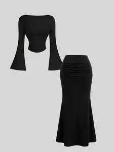 Women's Fashion Plain Multifunctional Hollow Out Tie Front Long Sleeve Fitted Cardigan Set, High Waist Bell Bottom Tight Skirt Suit for Ladies Womenswear