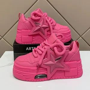 Autumn Leather Pink Women Platform Sneakers Thick Sole Chunky Shoes Ladies On Lace-up Fashion Casual Outdoors Walking Shoes Footwear Girl