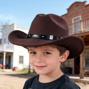 Kids' Wide-Brim Western Hat, New Trendy Studded Belt Cowgirl Cap, Casual Sun Hat for Boys & Girls, Ideal for Daily Wear & Parties, Wide-Brim Western Hats