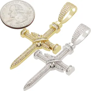 14k Yellow/White Gold Plated AAA Cubic Zirconia Knot Nail Cross Pendant