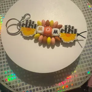 Mom Keychain Sunflower Custom Handmade Yellow with Fluffy Toppers and Logo Embellishments for Fancy Writing