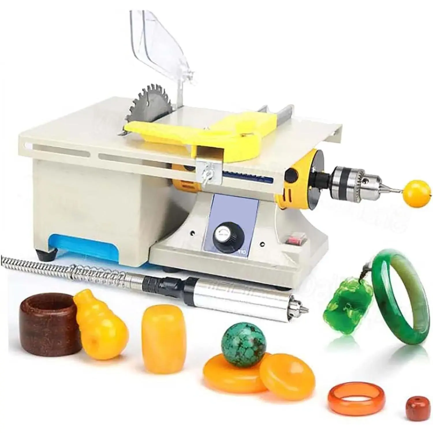 Benchtop Jewelry Lapidary Saw - 220V/110V 50Hz Mini Table Saw with Beeswax, Nylon Parts, Water Cooling, Wired Flexible Shaft, 1000-10000rpm Grinder Polisher, Jade Cutting Disc, Grinding Disc, Sink, Angle Ruler (Right-Mounted) for Rock, Wood Cutting, Carvi