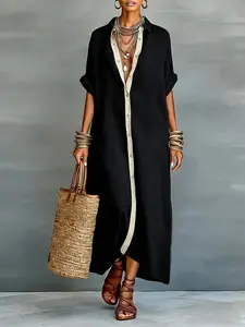 Women's Elegant Loose Short Sleeve Buttoned Pockets Split-Joint Lapel Maxi Dresses