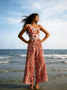 Boho Geometric High Waist Wide Leg Loose Jumpsuit, Single Shoulder Design, Slimming and Tall Effect, Perfect for Beach Atmosphere, Women's Fashion, Bohemian