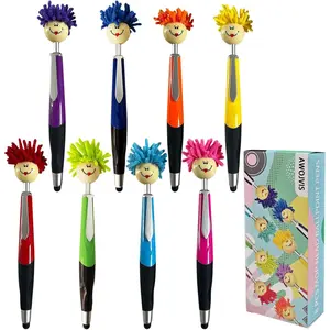 8pcs Mop Head Ballpoint Pens, Funny Mophea Topper Pen with Plush Hair Writing Click Pen Portable Cute Cartoon Multi-function Signing Pen Decor Gift for Office Home Kids and Adultes 8-color outfit