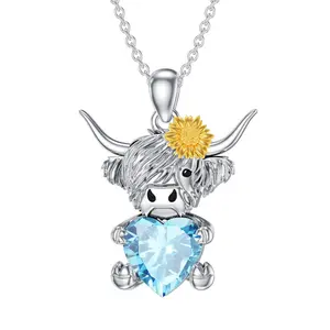 S925 Women's Sterling Silver Heart-Shaped Birthstone Highland Cow Pendant Necklace Gift Essential