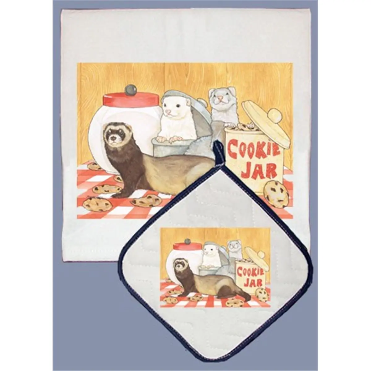 Pipsqueak Productions Quilted Cotton Ferret Dish Towel & Pot Holder Kitchen Set - 18x31in Absorbent Towel, 7x7in Holder, Ideal Gifts for Ferret Lovers, Housewarming Presents