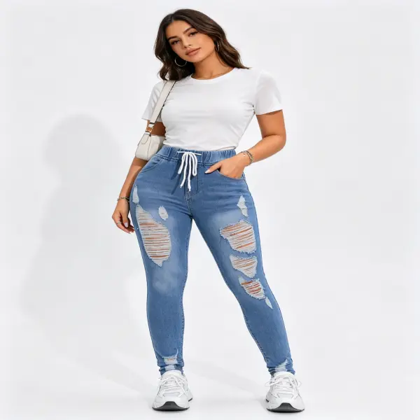 Ripped Elastic Slim Fit Jeans Vintage Distressed Tight-Fitting Jeans Women's Skinny Ripped Low Waisted Elastic Waist Denim Pants for Plus Size Comfortable & Flattering - Womenswear