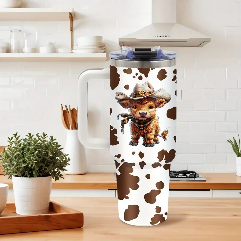 1pc 40oz Highland Cattle Cow Cup Travel Must Haves Cups With Lids And Straws Gift For Cow Lovers Insulated Water Bottle A Gift For Friend Mom Easter Quencher Tumbler Stainless Steel Flask Portable Vacuum Flasks Drinkware