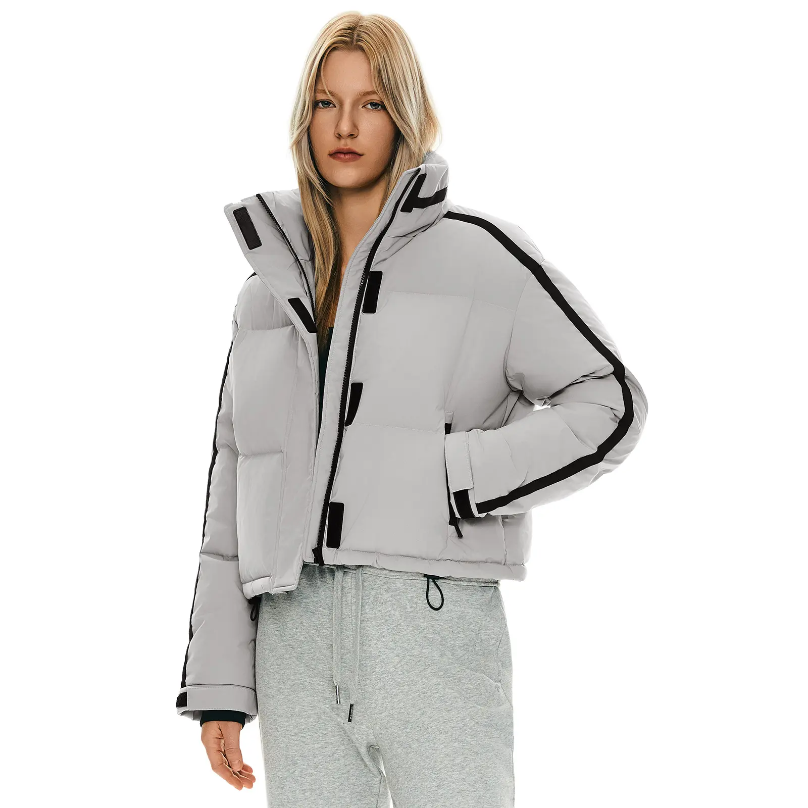 Orolay Women's Cropped Puffer Jacket, Winter Quilted Down Coat with Stand Collar, Zip-Up Outerwear, Color-Blocked Design, Adjustable Fit & Pockets