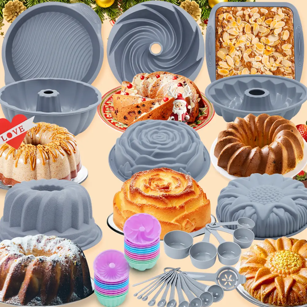 49 Piceces, Silicone Bakeware Set，8 set Baking Cake Pan, Pound Cake Pan, Baking Cake Pan for Jello,Gelatin,Cake,Brownie and Bread，24 Pack Silicone Cupcake Mold Baking Cups，Measuring Cups and Spoons Set，Father's Day Gifts, Summervibes