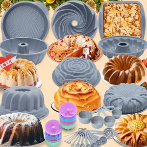 49 Piceces, Silicone Bakeware Set，8 set Baking Cake Pan, Pound Cake Pan, Baking Cake Pan for Jello,Gelatin,Cake,Brownie and Bread，24 Pack Silicone Cupcake Mold Baking Cups，Measuring Cups and Spoons Set，Father's Day Gifts, Summervibes
