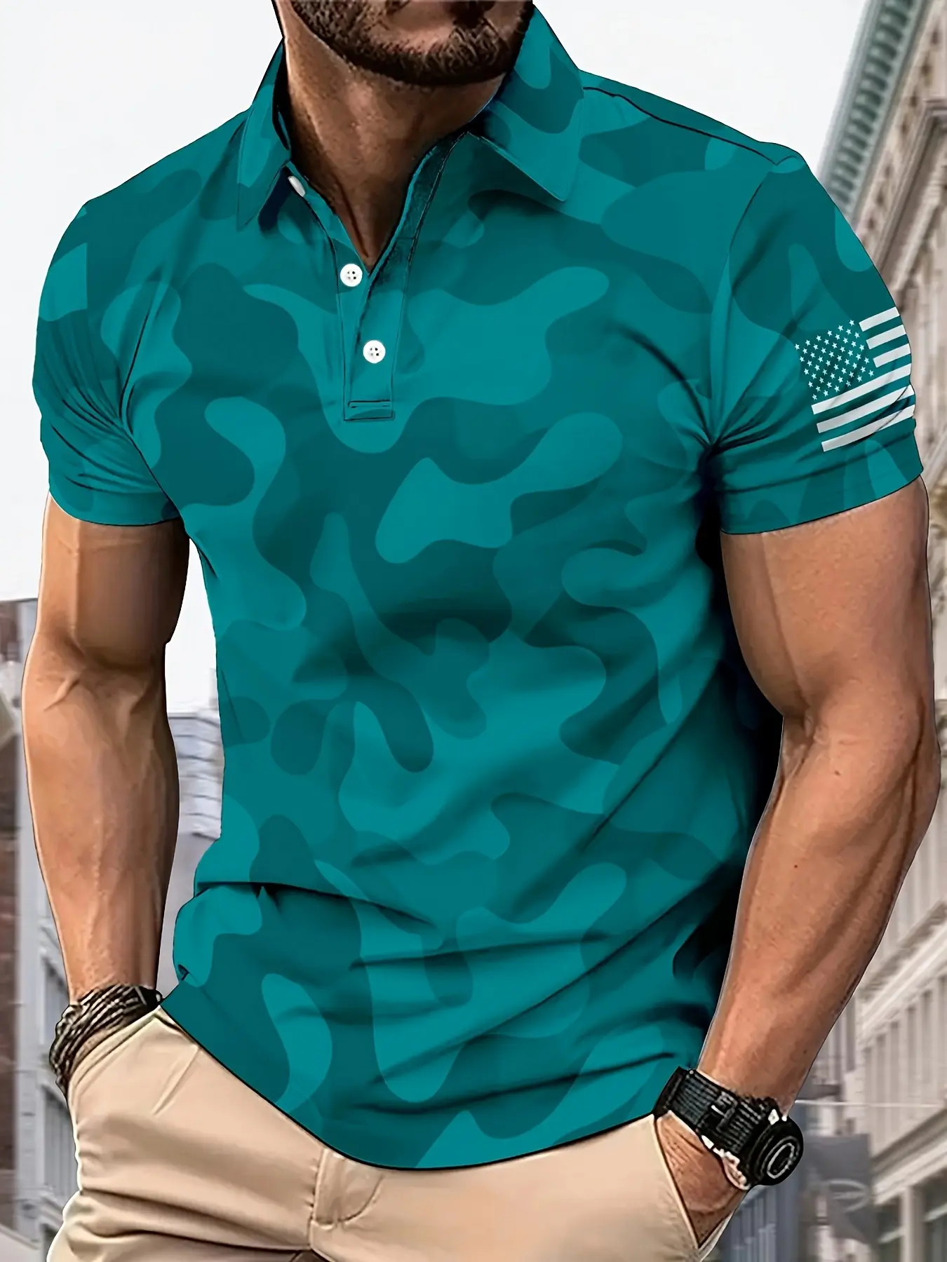 Men's Printed Polo Shirt Slim Fit with Purple Camouflage US Flag Print, Casual Business Style Menswear