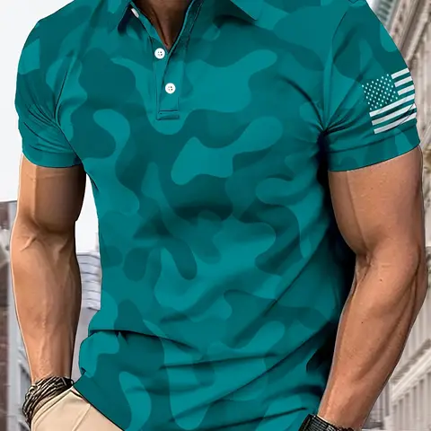 Men's Printed Polo Shirt Slim Fit with Purple Camouflage US Flag Print, Casual Business Style Menswear