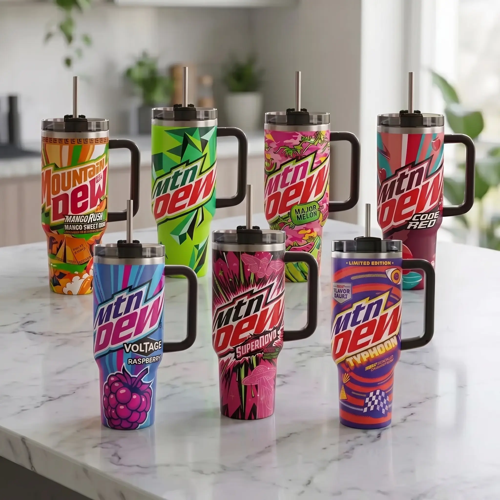 Mtn Dew 40oz Tumbler With Handle, Colorful Soda Flavor Graphic Insulated Stainless Steel Travel Cup With Straw